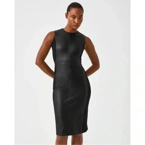 New SPANX Leather Ponte Midi Dress Sheath Stretch Faux Office Siren Boardroom